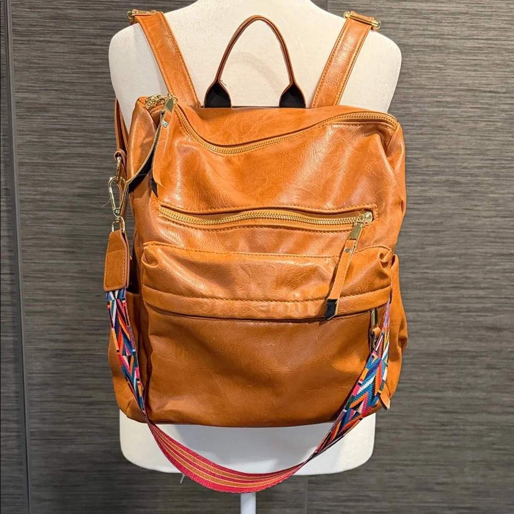 Caramel Vegan Leather Backpack with Colorful Strap